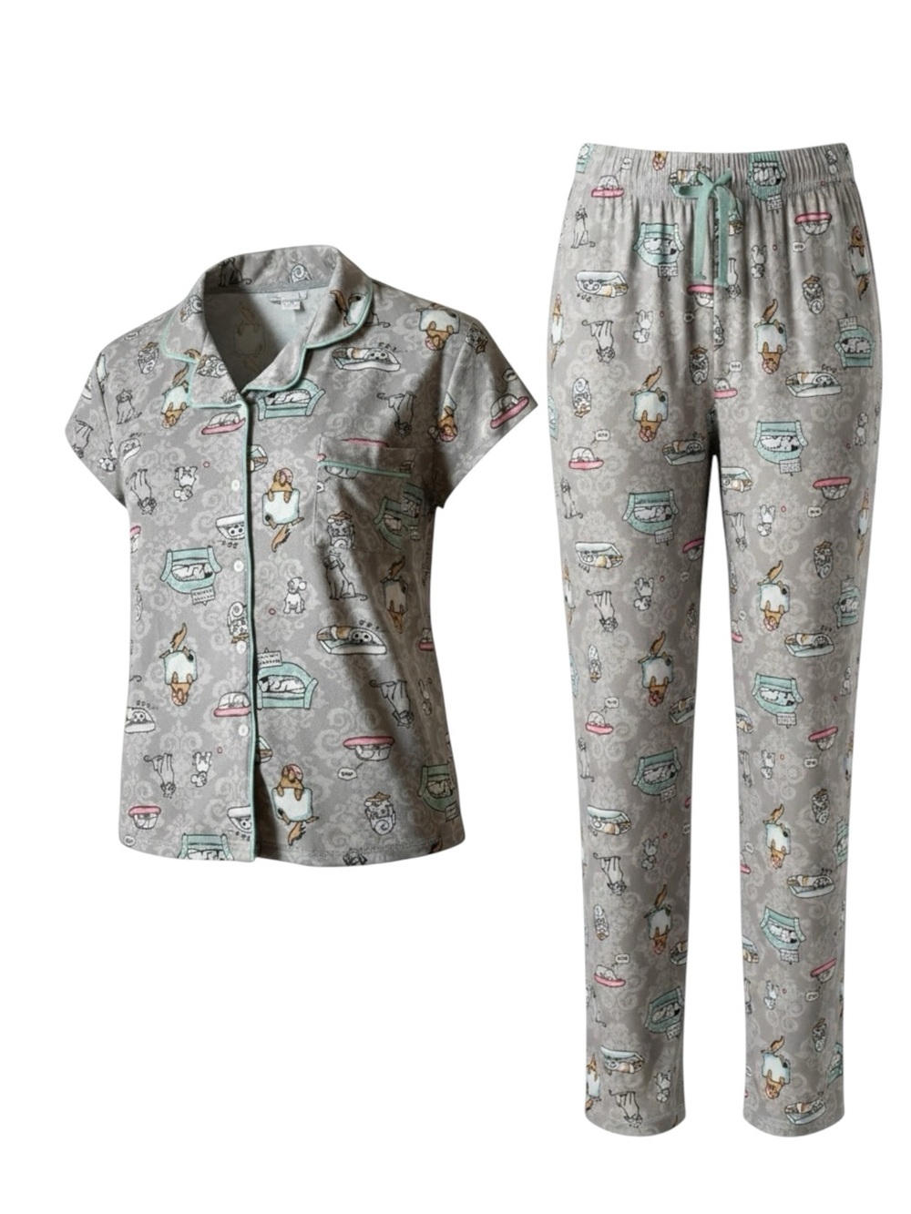 SUKO Repose 2 Piece Pajama Set Short Sleeve Top, Pants Bottoms, Dog Motif